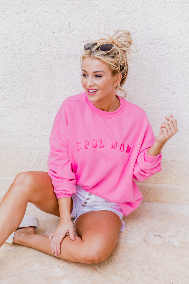 Cool Mom Embroidery Pink Oversized Graphic Sweatshirt