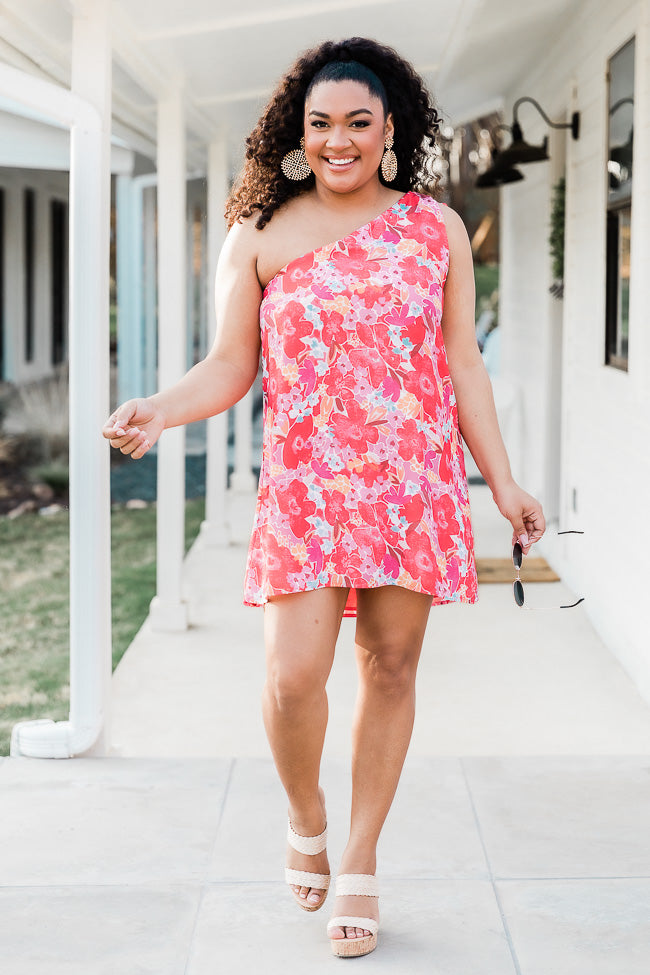 Thriving All Night One Shoulder Dress in Watercolor Red Floral Print FINAL SALE