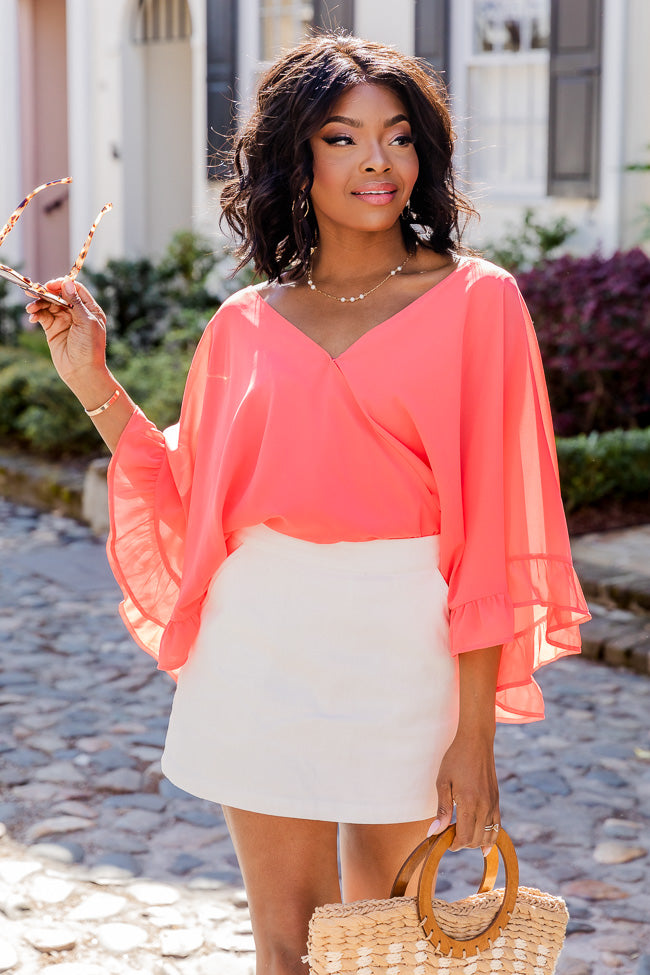 Holding On To Forever Coral Flutter Sleeve Wrap Bodysuit FINAL SALE
