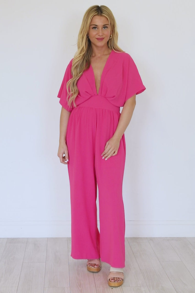 Hot Pink Long Sleeve Self Tie Waist Jumpsuit · Filly Flair