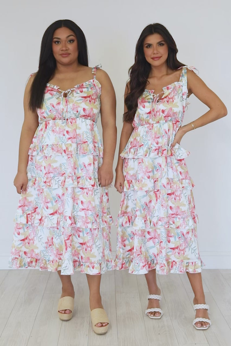 FINAL SALE- Floral Midi Dress with Elastic Back Detail and