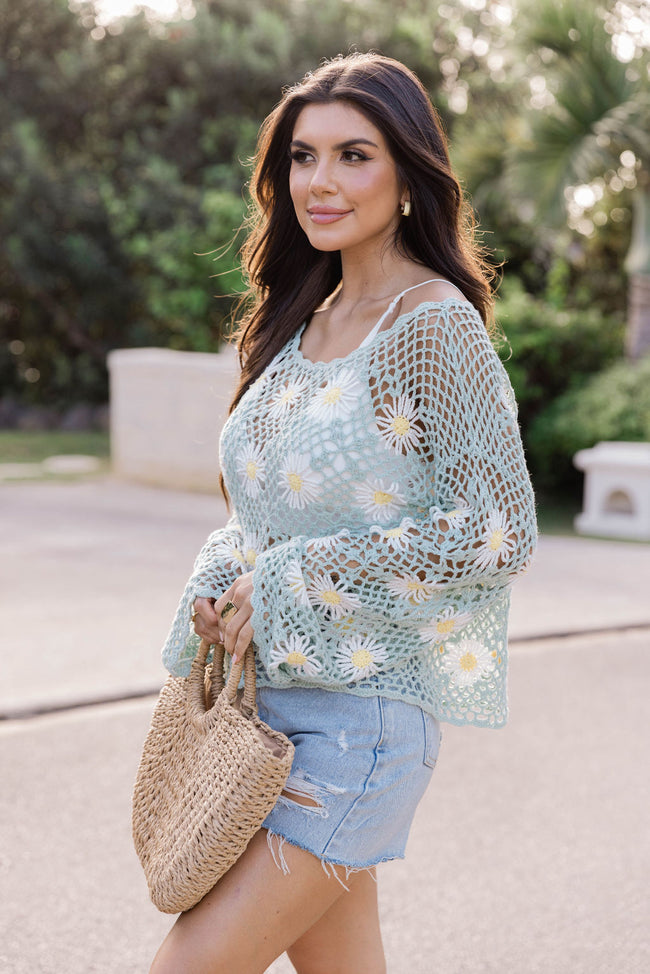 Right This Way Sage Flower Crochet Sweater