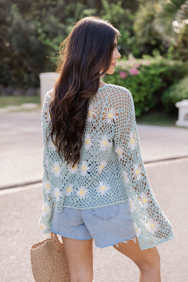 Right This Way Sage Flower Crochet Sweater