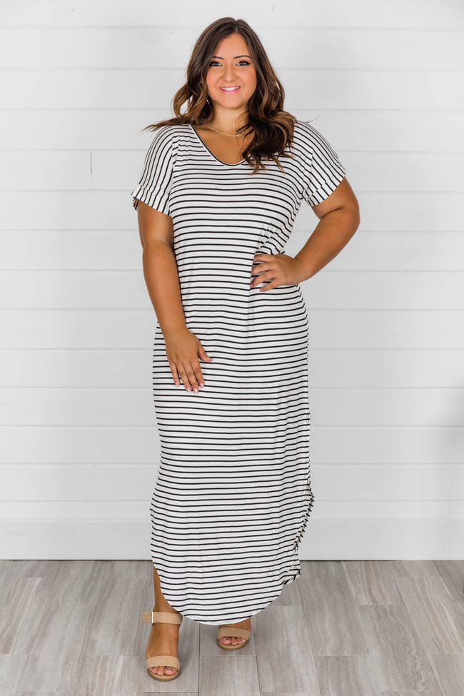 Set Yourself Free White/Black Striped Maxi T-Shirt Dress
