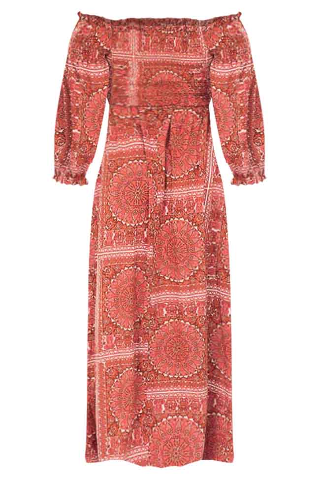 Sounds In My Mind Brick Smocked Bust Off The Shoulder Printed Maxi Dress