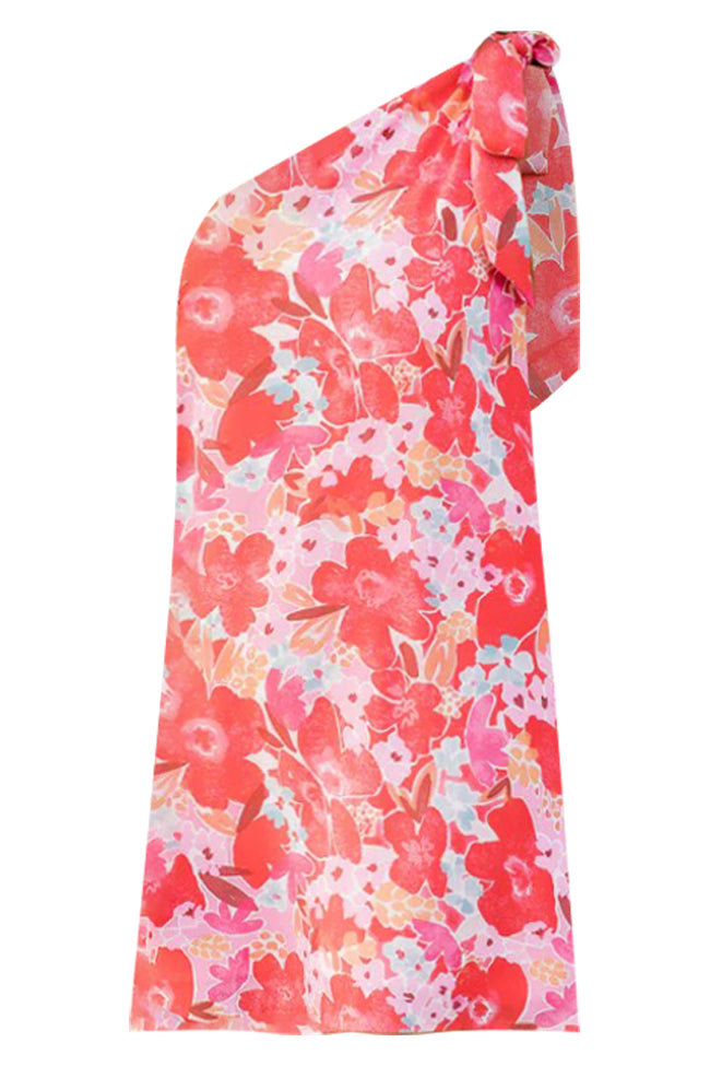 Thriving All Night One Shoulder Dress in Watercolor Red Floral Print FINAL SALE