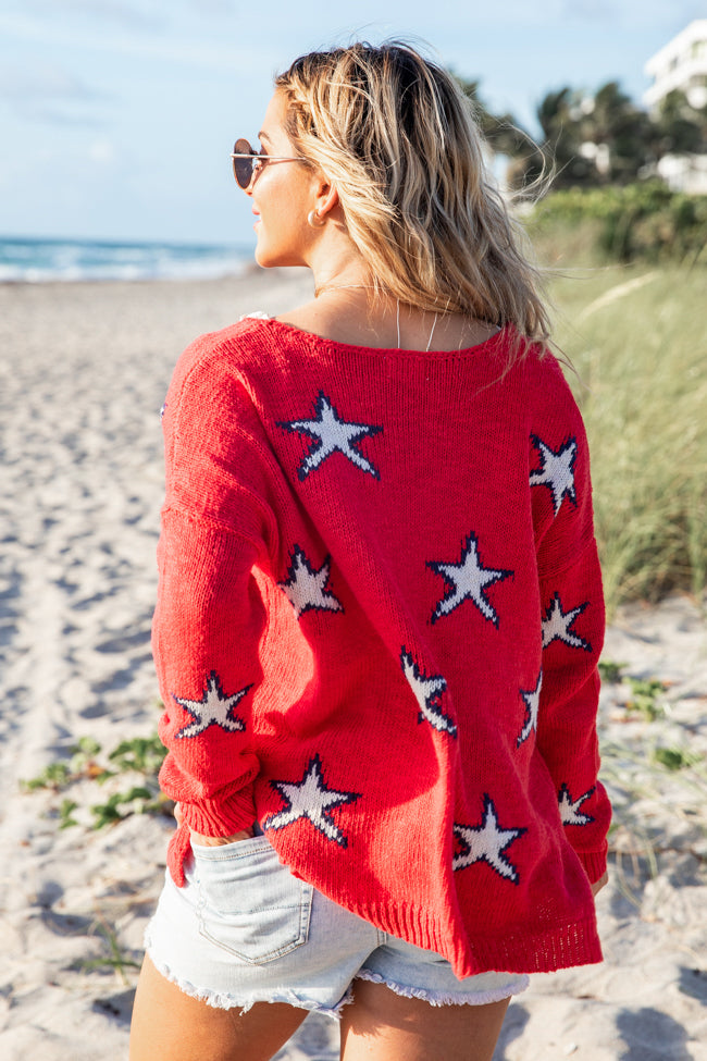 Take A Minute Red Star Print V-Neck Sweater FINAL SALE