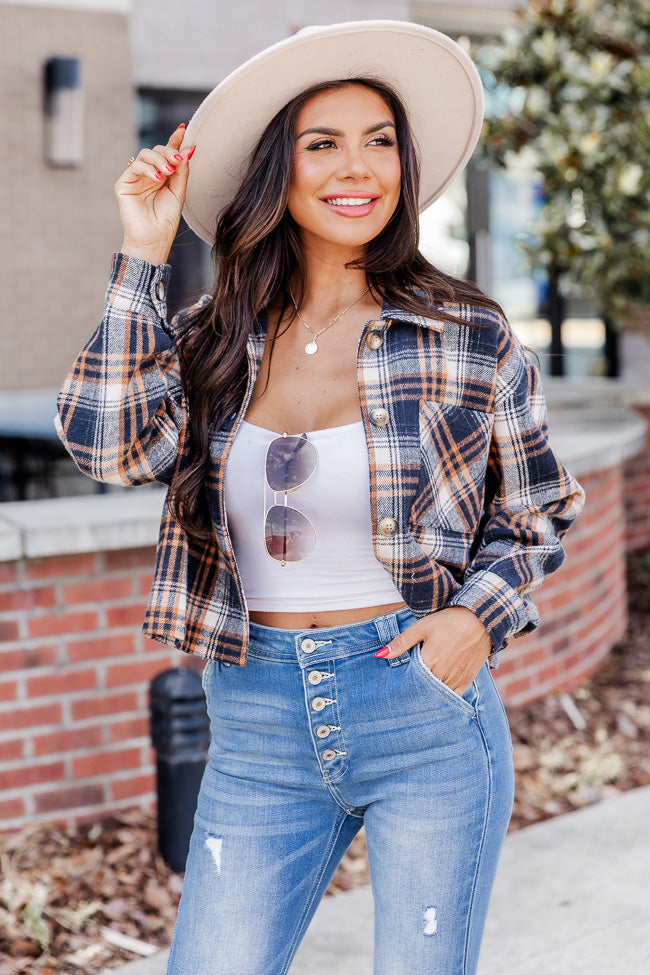 According To Him Navy Cropped Plaid Shacket FINAL SALE