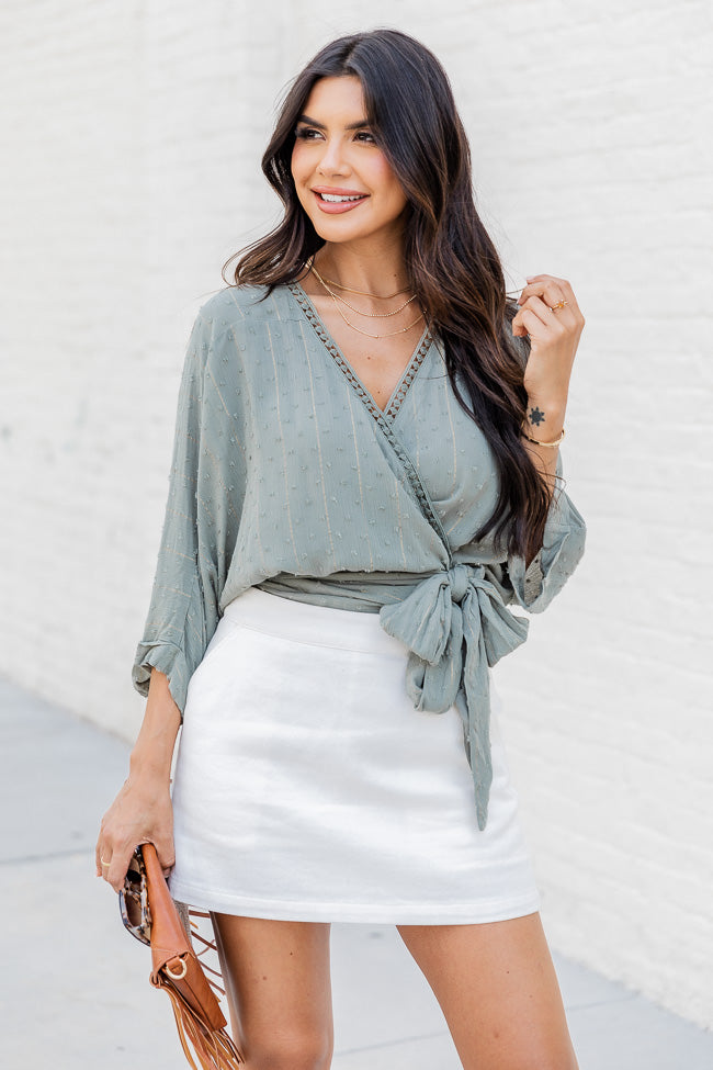 As You Wish Sage Short Sleeve Wrap Blouse