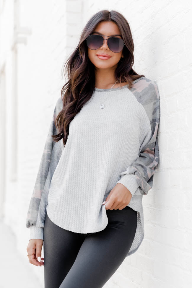 This Is Why Heather Grey Waffle Knit Camo Contrast Sleeve Blouse