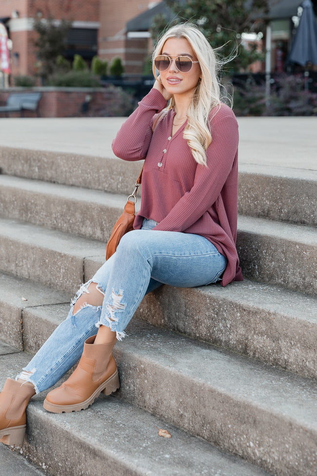 Holding You Tight Brick Henley Waffle Knit Blouse