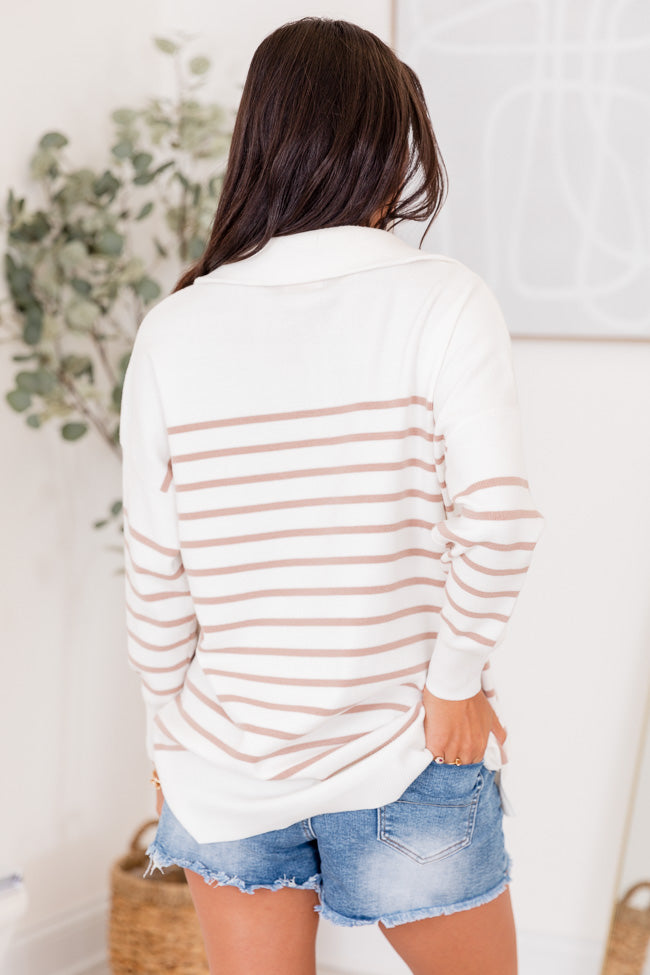 Pulling Heartstrings Ivory And Tan Striped Quarter Zip Pullover