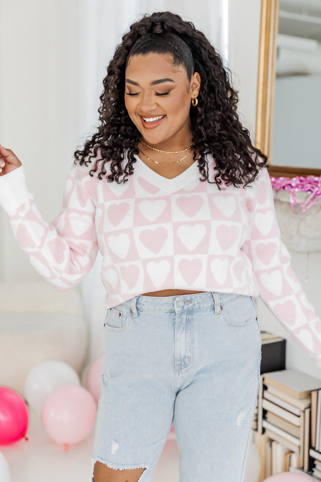 Loving You Is Easy Pink Checkered Heart Sweater FINAL SALE