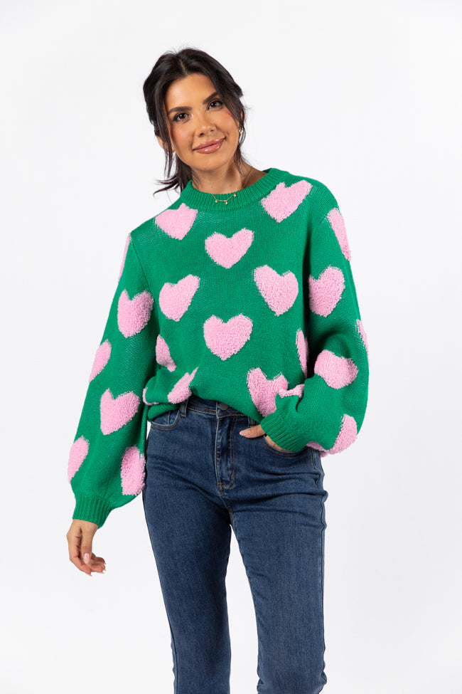 I'll Be There Green Fuzzy Heart Sweater