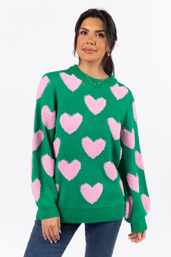 I'll Be There Green Fuzzy Heart Sweater