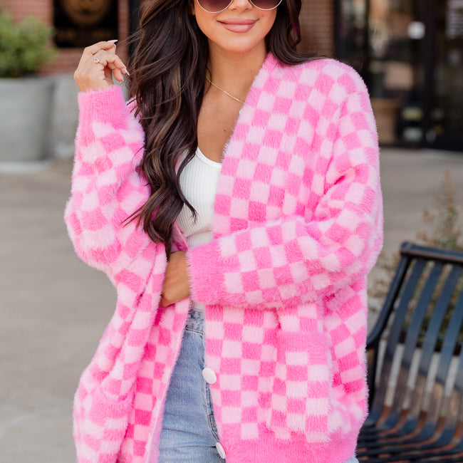 Hanging By A Moment Pink Fuzzy Checkered Oversized Cardigan