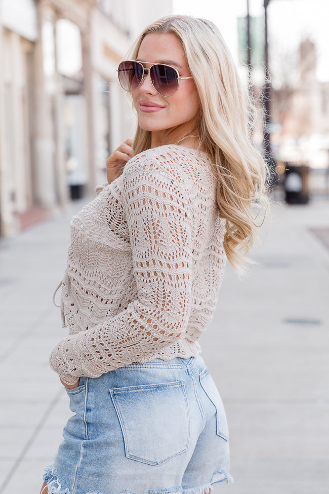 Come Around Beige Cinched Front Open Knit Sweater