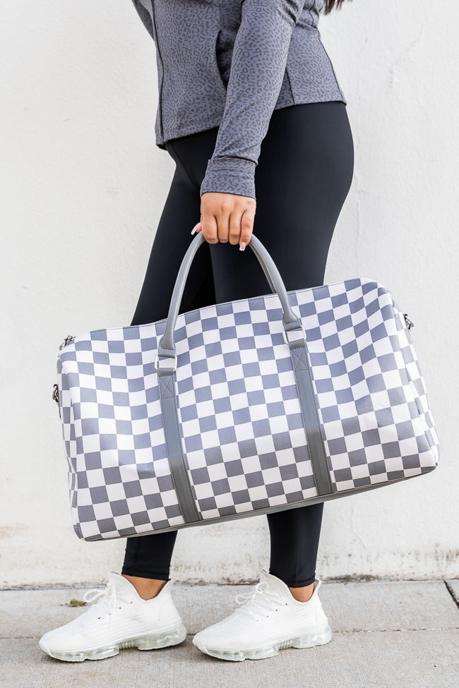 Boujee Weekend Away Grey And White Checkered Duffle Bag