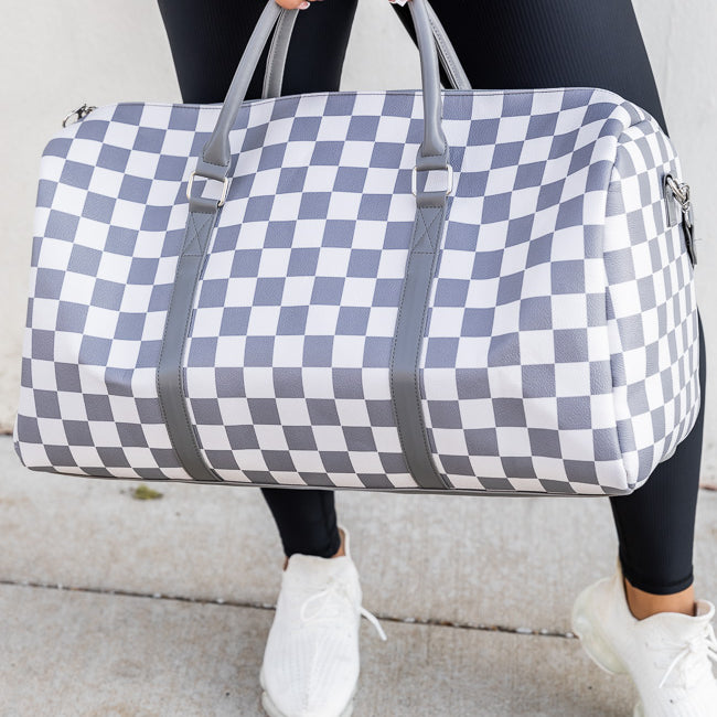 Boujee Weekend Away Grey And White Checkered Duffle Bag DOORBUSTER – Pink  Lily