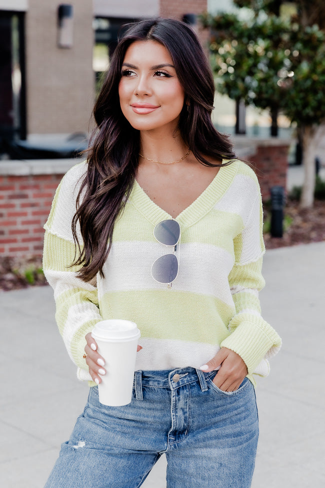 Life Lessons Lime V-Neck Striped Sweater FINAL SALE