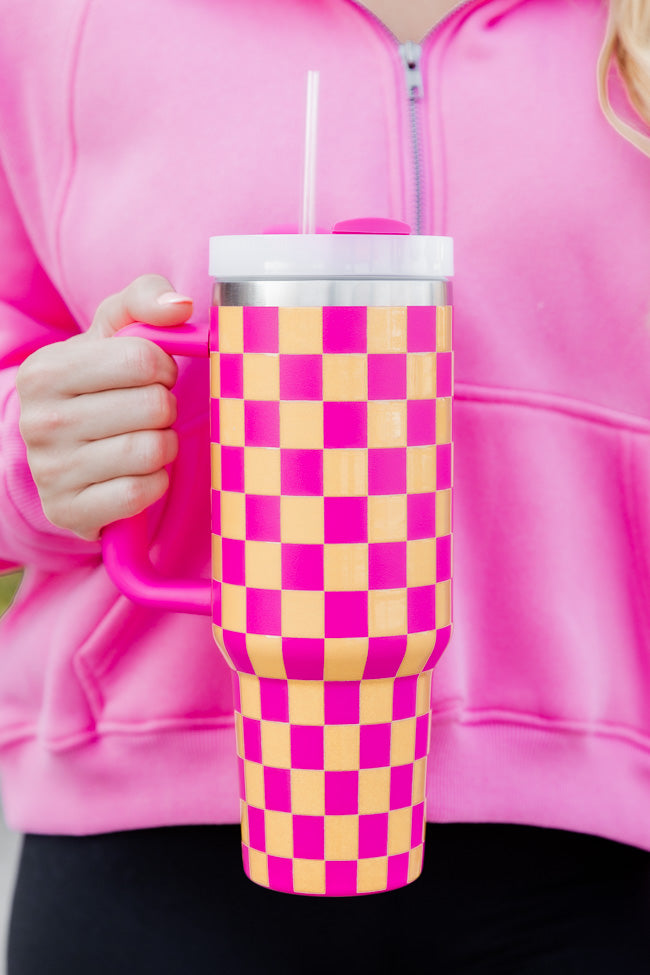 Sippin' Pretty Neutral Smiley and Daisy Checkered 40oz Drink Tumbler W –  Pink Lily