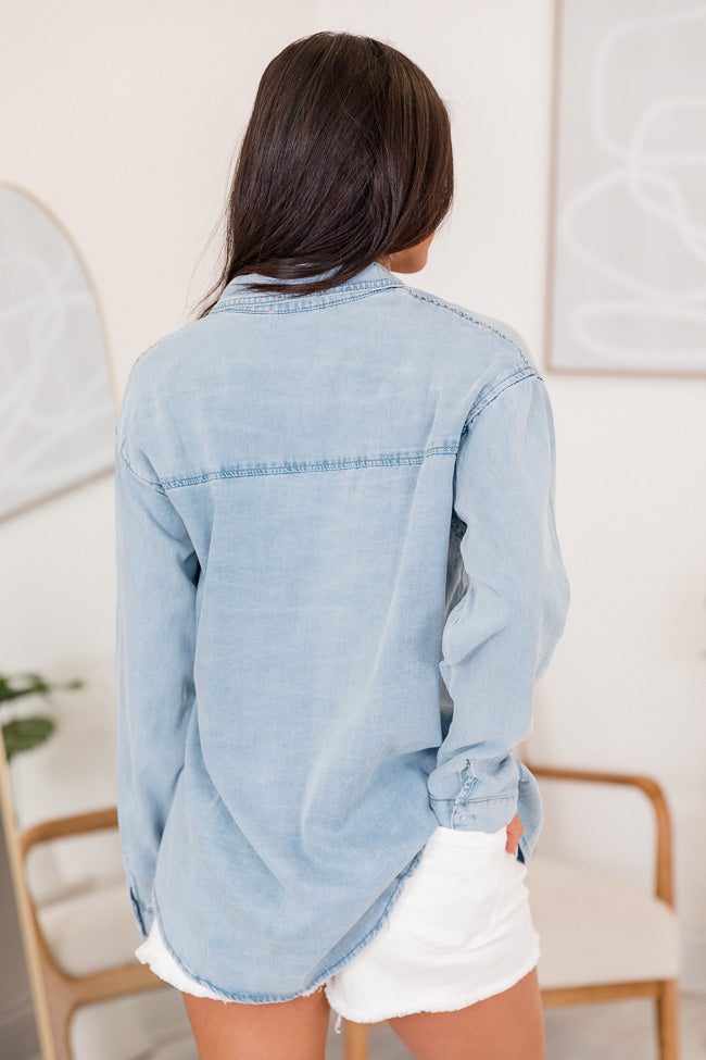 Tell Me Anything Chambray Light Wash Button Front Blouse