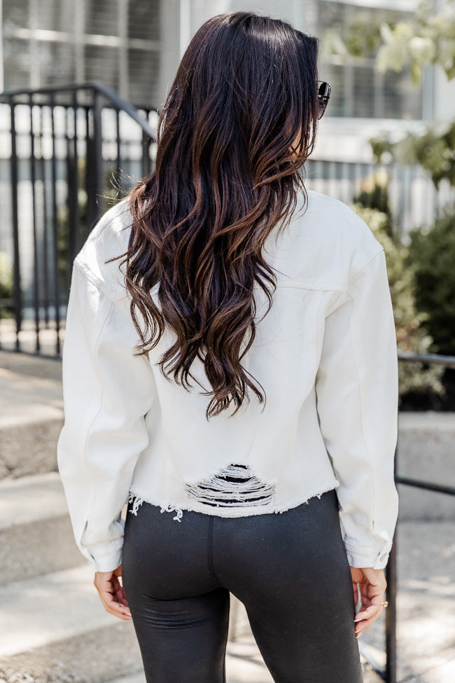 White cropped clearance distressed denim jacket