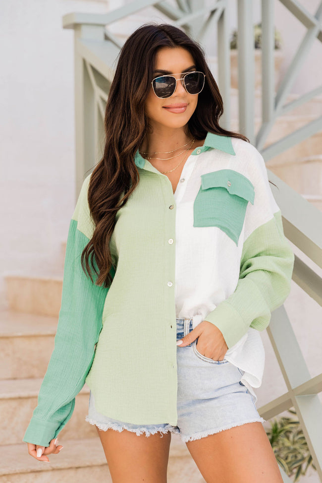 Just So You Know Green Colorblock Gauze Button Up