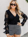 Meet Me On Broadway Black Fringe Sleeve Lace Long Sleeve Bodysuit FINAL SALE