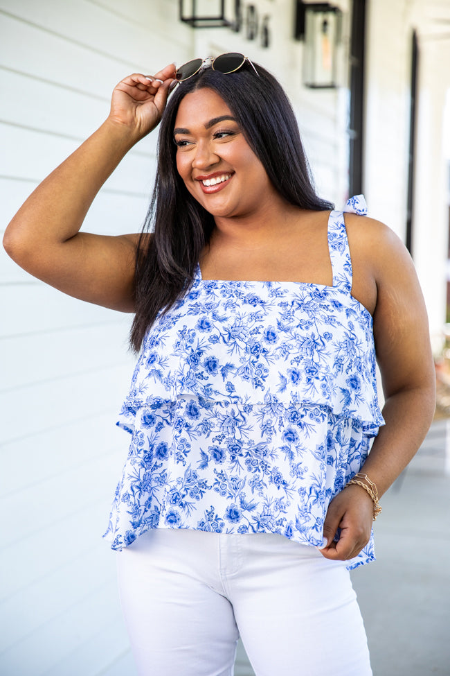 All The Fun Blue Floral Print Tie Sleeve Tank