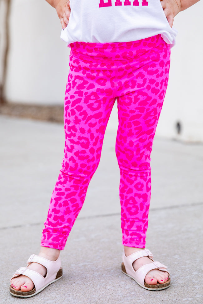Think Happy Thoughts Neon Pink Leopard Girls Leggings