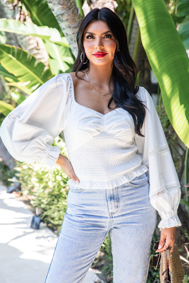 American Heart White Smocked Waist Puff Sleeve Blouse