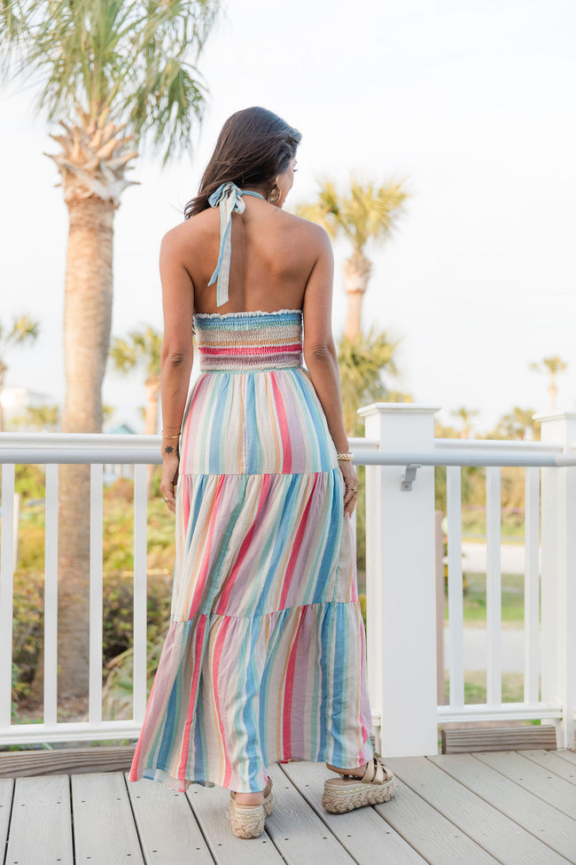 Evening Breeze Multi Striped Halter Maxi Dress