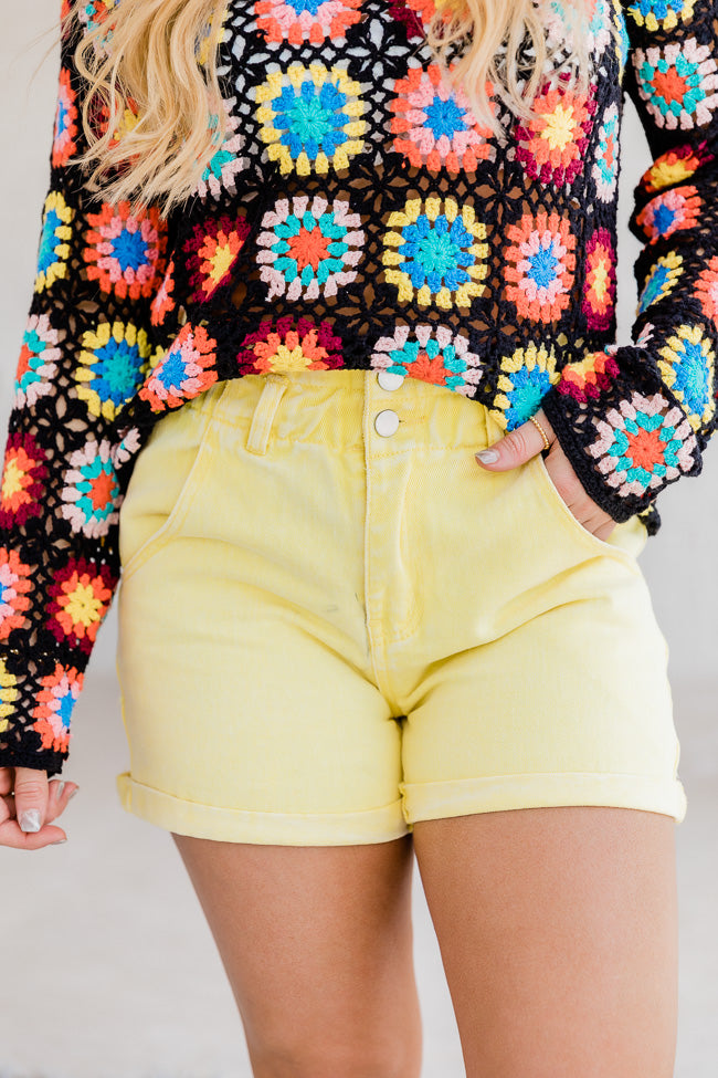 Just What You Need Yellow Paperbag Waist Acid Wash Shorts FINAL SALE