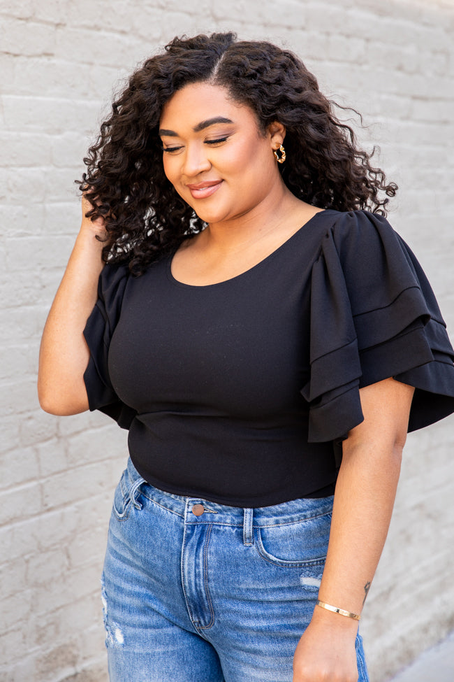 The Time Is Now Black Ruffle Sleeve Blouse