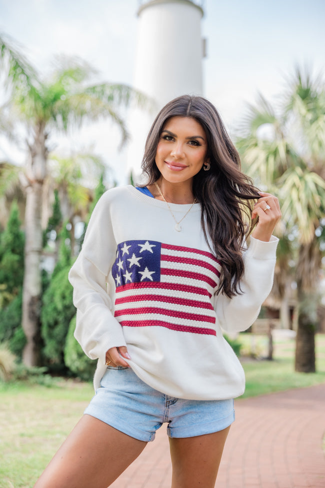 Home Of The Free Ivory Textured Flag Sweater