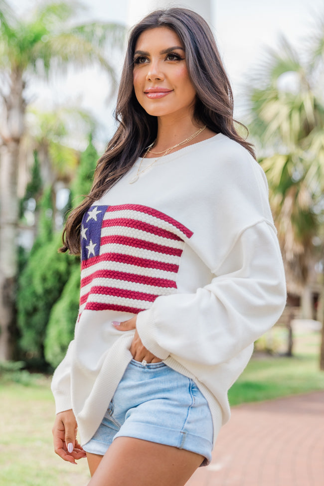 Home Of The Free Ivory Textured Flag Sweater