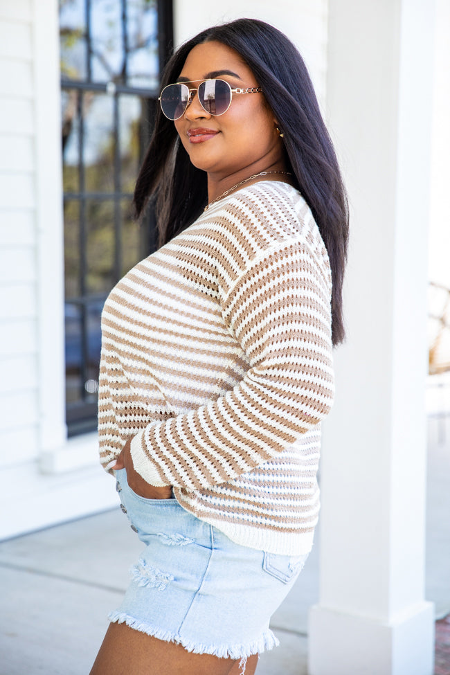 Open The Doors Taupe and Ivory Striped Open Knit Sweater FINAL SALE