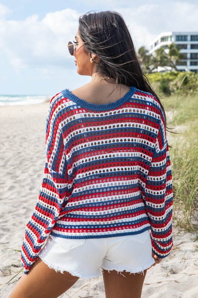 Chasing Rainbows Red and White and Blue Striped Crochet Sweater