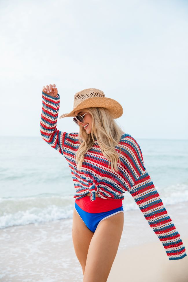 Chasing Rainbows Red and White and Blue Striped Crochet Sweater