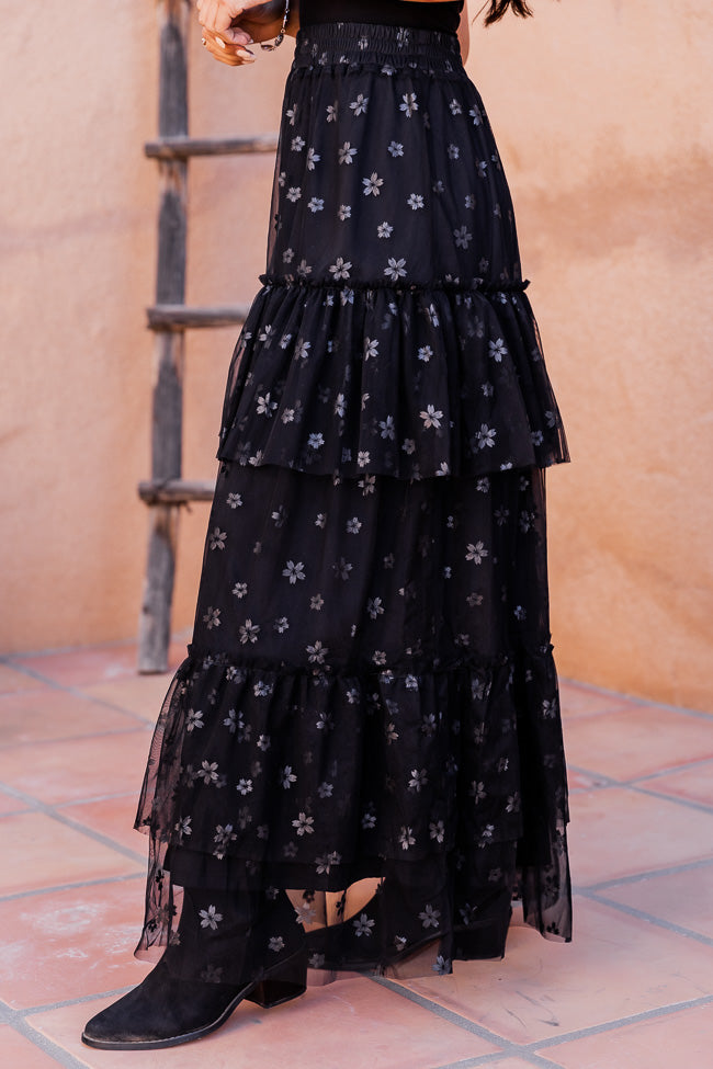 California Dreaming Black Flower Tulle Maxi Skirt