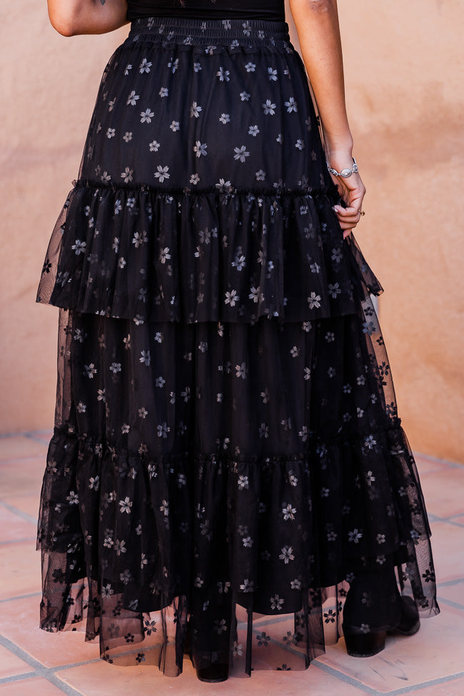 California Dreaming Black Flower Tulle Maxi Skirt