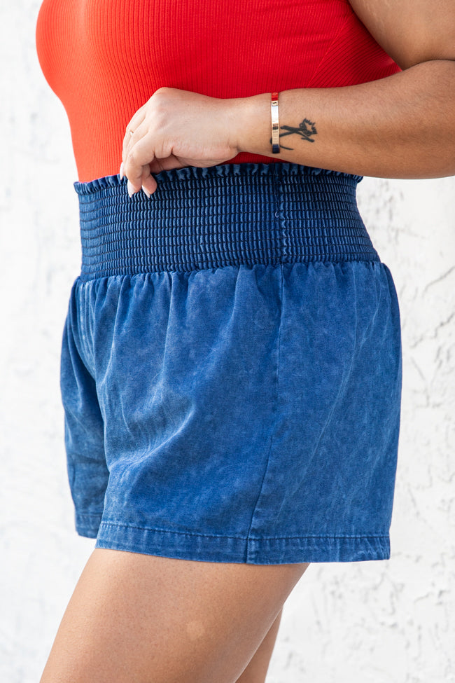 It's Been A While Dark Wash Smocked Waist Chambray Shorts FINAL SALE