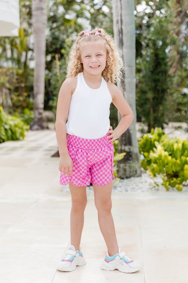 Kid's Errands To Run Pink Checkered High Waisted Athletic Shorts