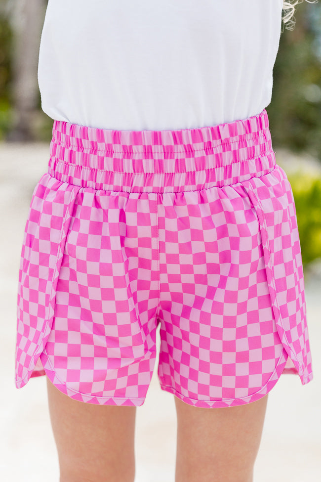 Kid's Errands To Run Pink Checkered High Waisted Athletic Shorts