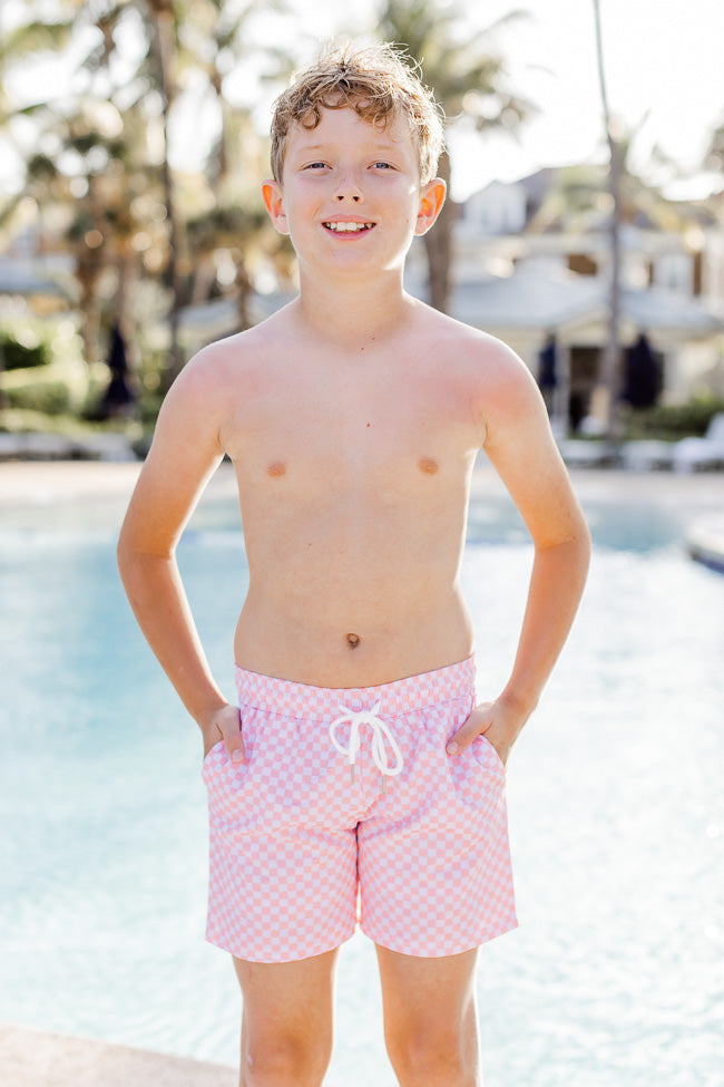 Seaside Boys Pink Checkered Swim Trunks, 4T - Mommy and Me - for Spring - Pink Lily Boutique