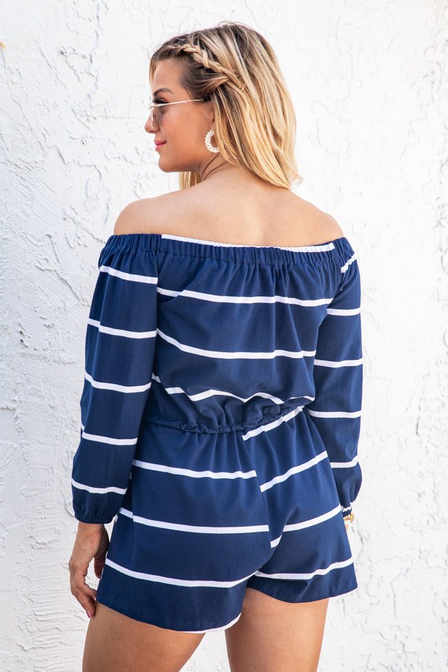 Fabulous And Free Navy Stripe Off The Shoulder Knit Romper