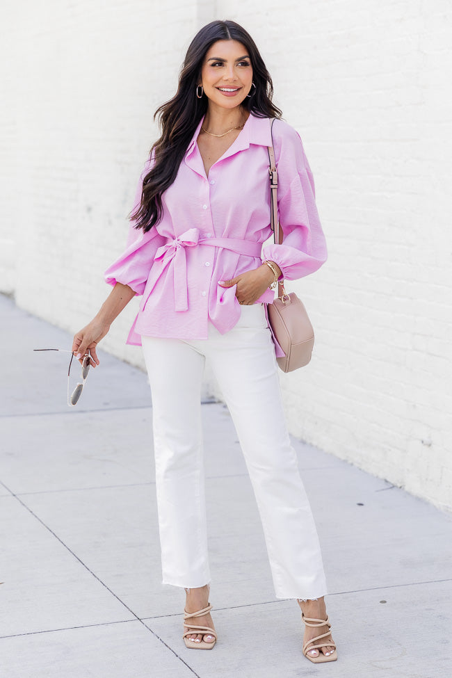 Love Yourself Pink Collared Belted Button Front Blouse FINAL SALE