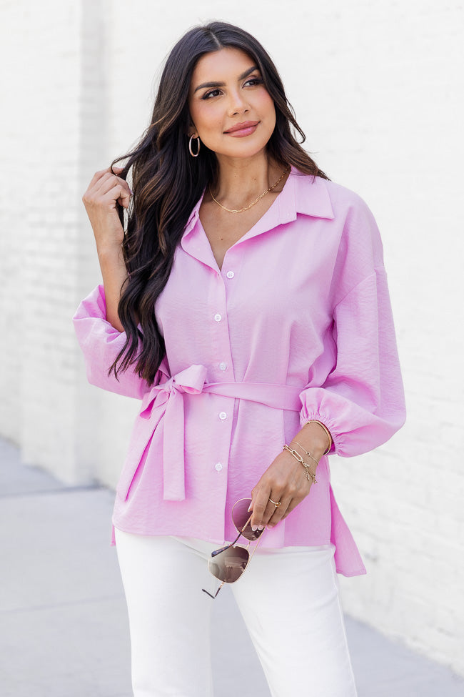 Love Yourself Pink Collared Belted Button Front Blouse