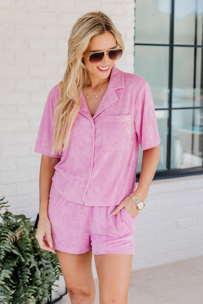 Girls Just Wanna Have Fun Pink Button Up Terry Lounge Top